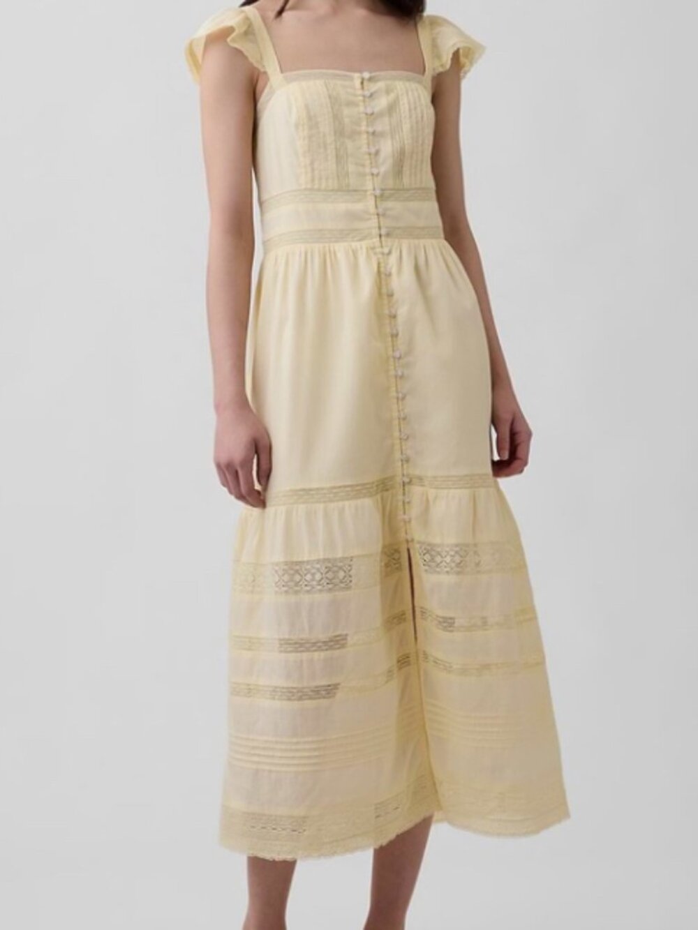 Lace Ruffle Voile Maxi Dress - Pale Yellow - Size XXL